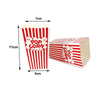 A vertical red and white striped paper snack box with a pop corn design, shown next to a horizontal box.