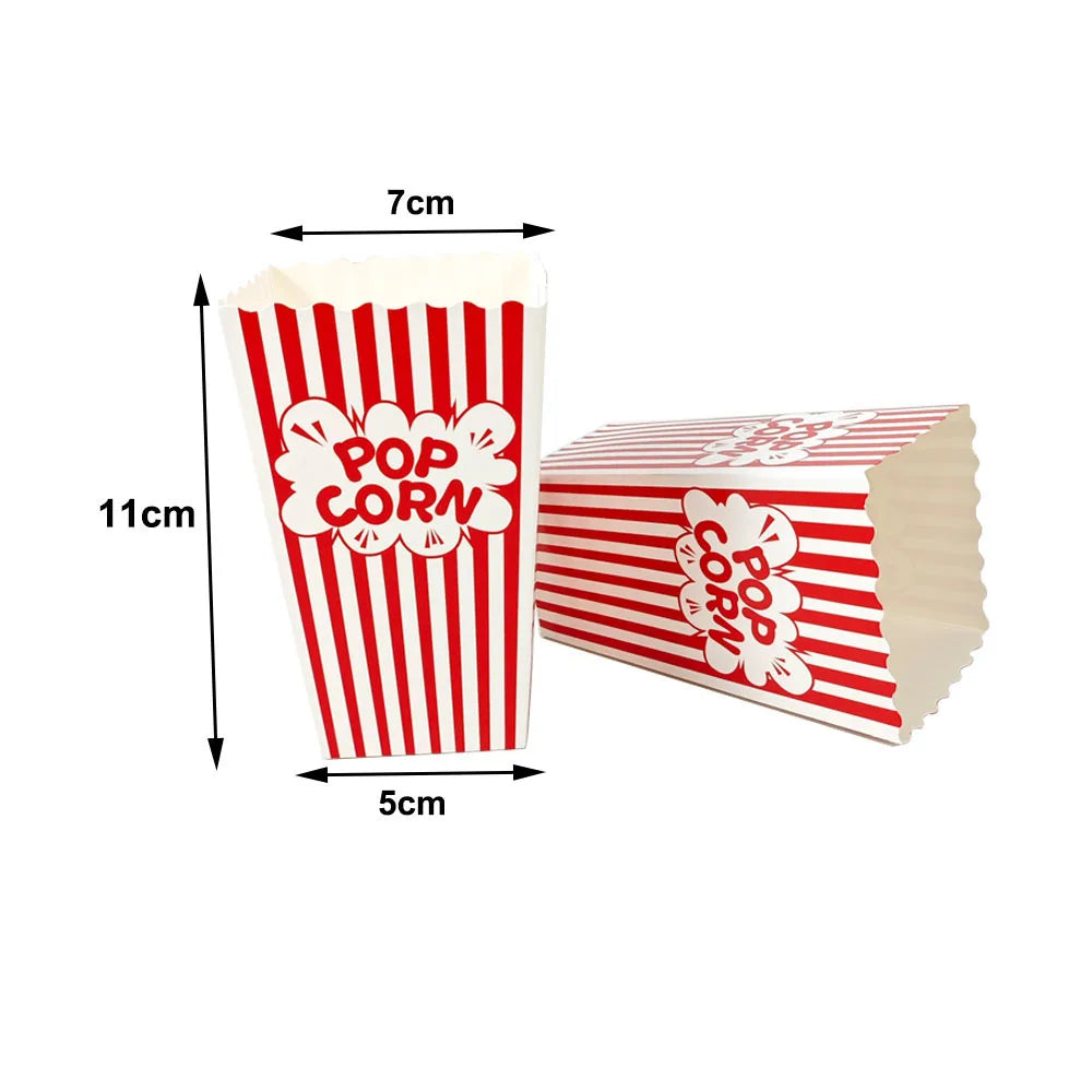 A vertical red and white striped paper snack box with a pop corn design, shown next to a horizontal box.