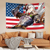 A decorative tapestry wall hanging featuring an anime-style character with white hair and a patriotic American flag backgroun