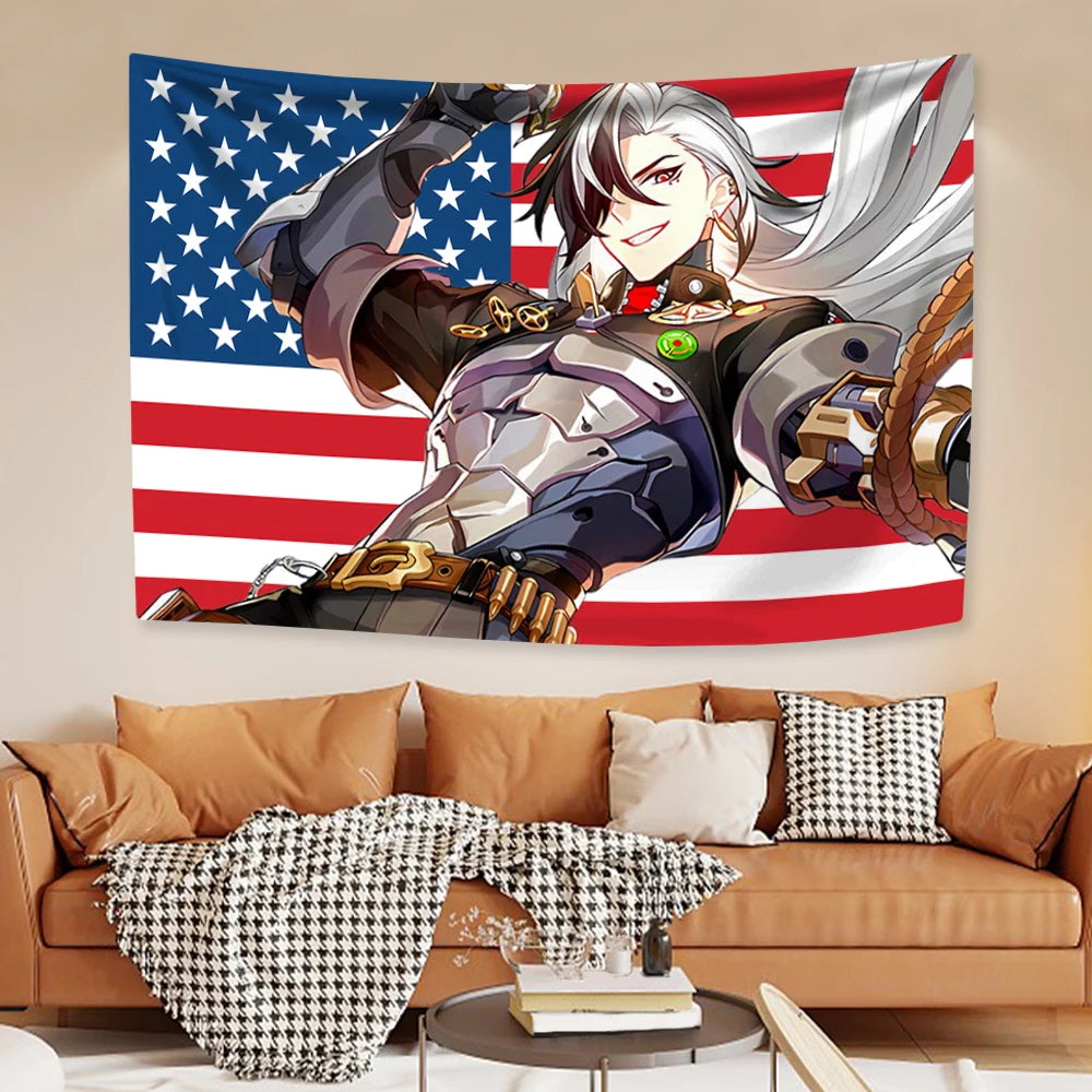 A decorative tapestry wall hanging featuring an anime-style character with white hair and a patriotic American flag backgroun