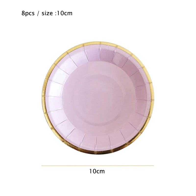 A round pink plate with a gold rim, shown next to a measurement line indicating 10cm size.