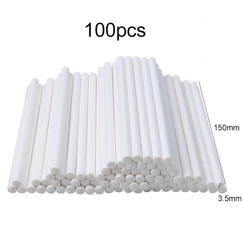 A collection of 100 white paper lollipop sticks with tie closures arranged in a fan shape.