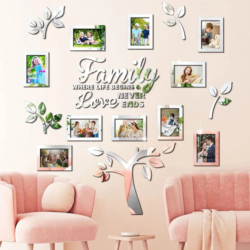 A wall collage featuring framed photos and leaves arranged in the shape of a family tree, with pink upholstered chairs in the