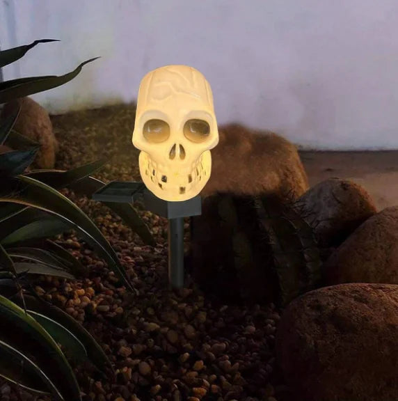 Un luminaire crâne alimenté par énergie solaire placé dans un jardin, parmi les rochers et la végétation.