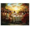 A painting depicting The Last Supper with Jesus and his disciples gathered around a table at sunset overlooking a lake view.