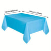 Light blue disposable tablecloth measuring 137cm by 183cm with draped corners