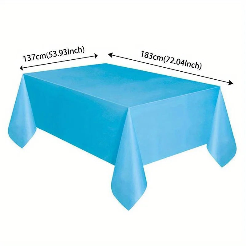 Light blue disposable tablecloth measuring 137cm by 183cm with draped corners