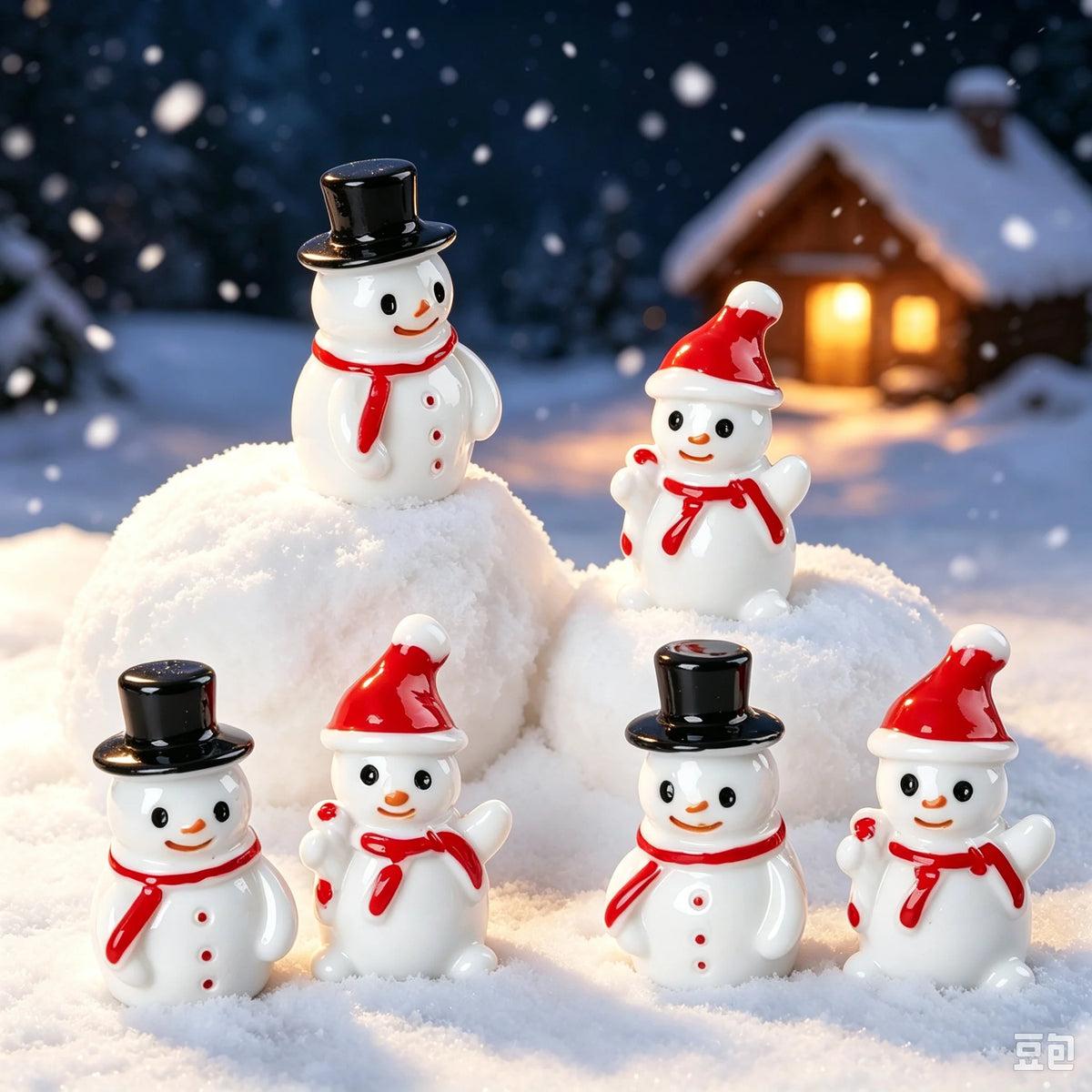 A collection of white and red resin snowman figurines resting on snow in a winter outdoor setting.