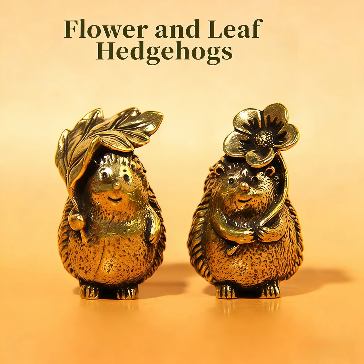 A pair of brass flower and leaf hedgehogs statues for home decor.