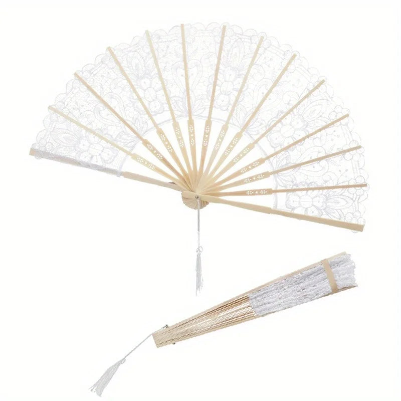 Elegant hollowout lace handheld fan with a light beige color and delicate patterns
