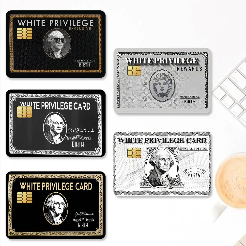 A set of four white privilege cards featuring different designs and awards.