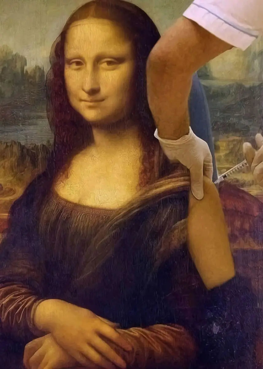 Pintura de una mujer de cabello oscuro y expresión serena, posiblemente una impresión vintage de la Mona Lisa.