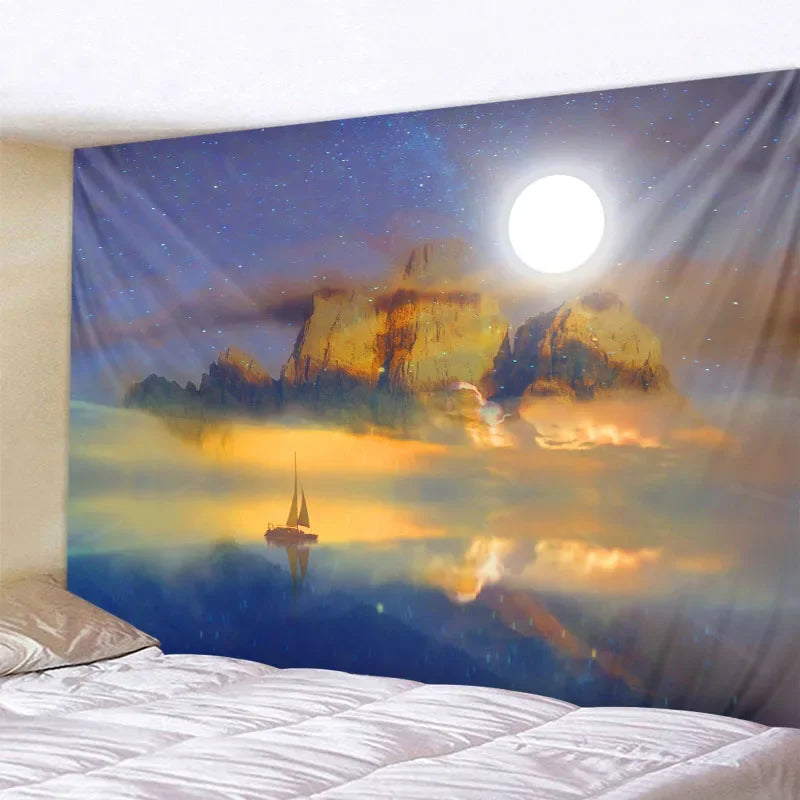 A galaxy tapestry featuring a bright moon, colorful clouds, and a sailboat silhouette over a misty landscape.