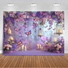 A dreamy purple butterfly photo backdrop featuring lush floral arrangements and glowing lanterns.