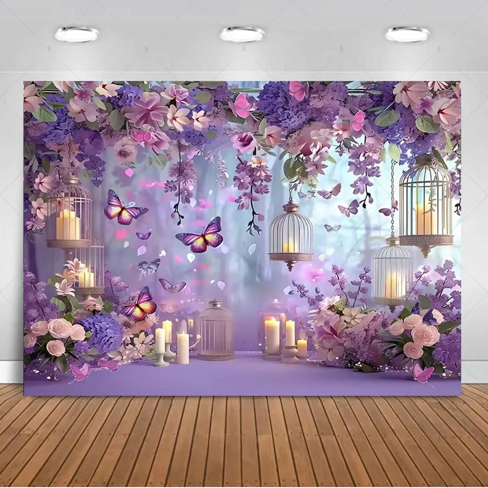 A dreamy purple butterfly photo backdrop featuring lush floral arrangements and glowing lanterns.