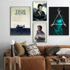 A set of three framed movie posters featuring characters and themes from True Detective