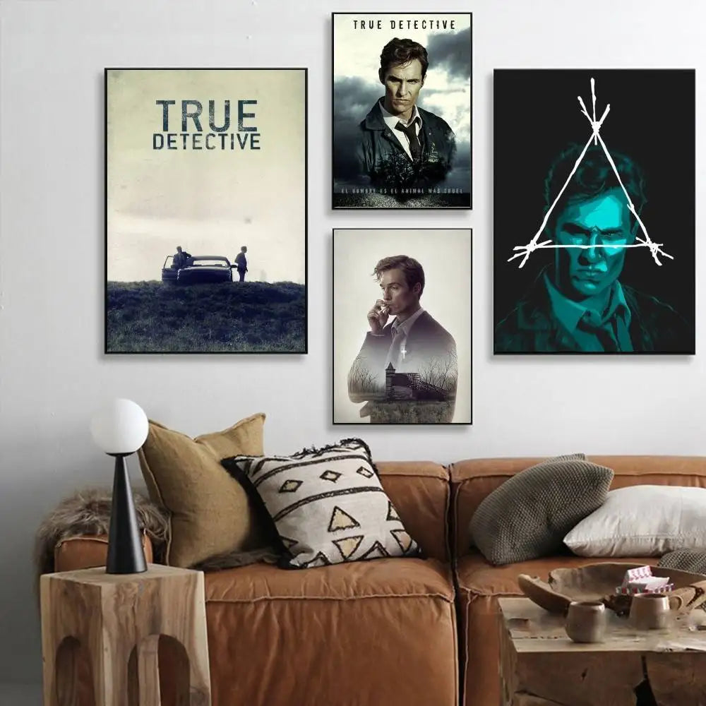 A set of three framed movie posters featuring characters and themes from True Detective