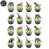 A set of 24 dinosaur-themed cupcakes with green frosting and black liners for party decor.