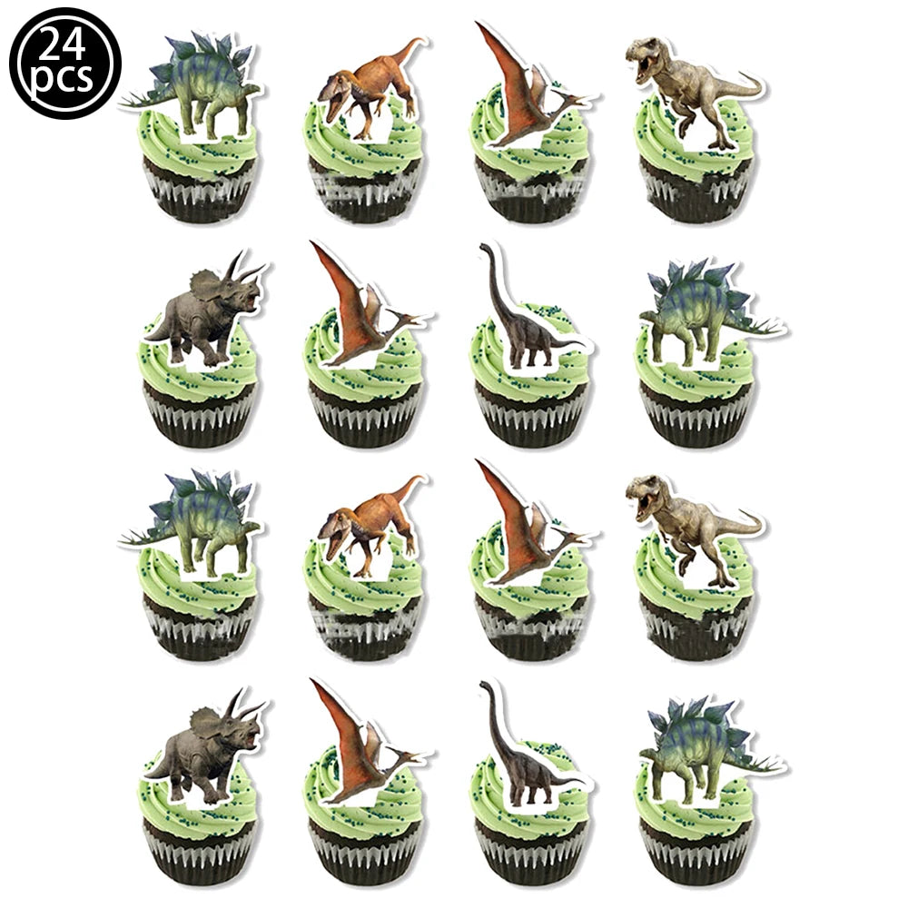 A set of 24 dinosaur-themed cupcakes with green frosting and black liners for party decor.