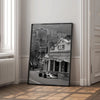 A framed vintage formula grand prix racing poster canvas print depicting a city skyline view.