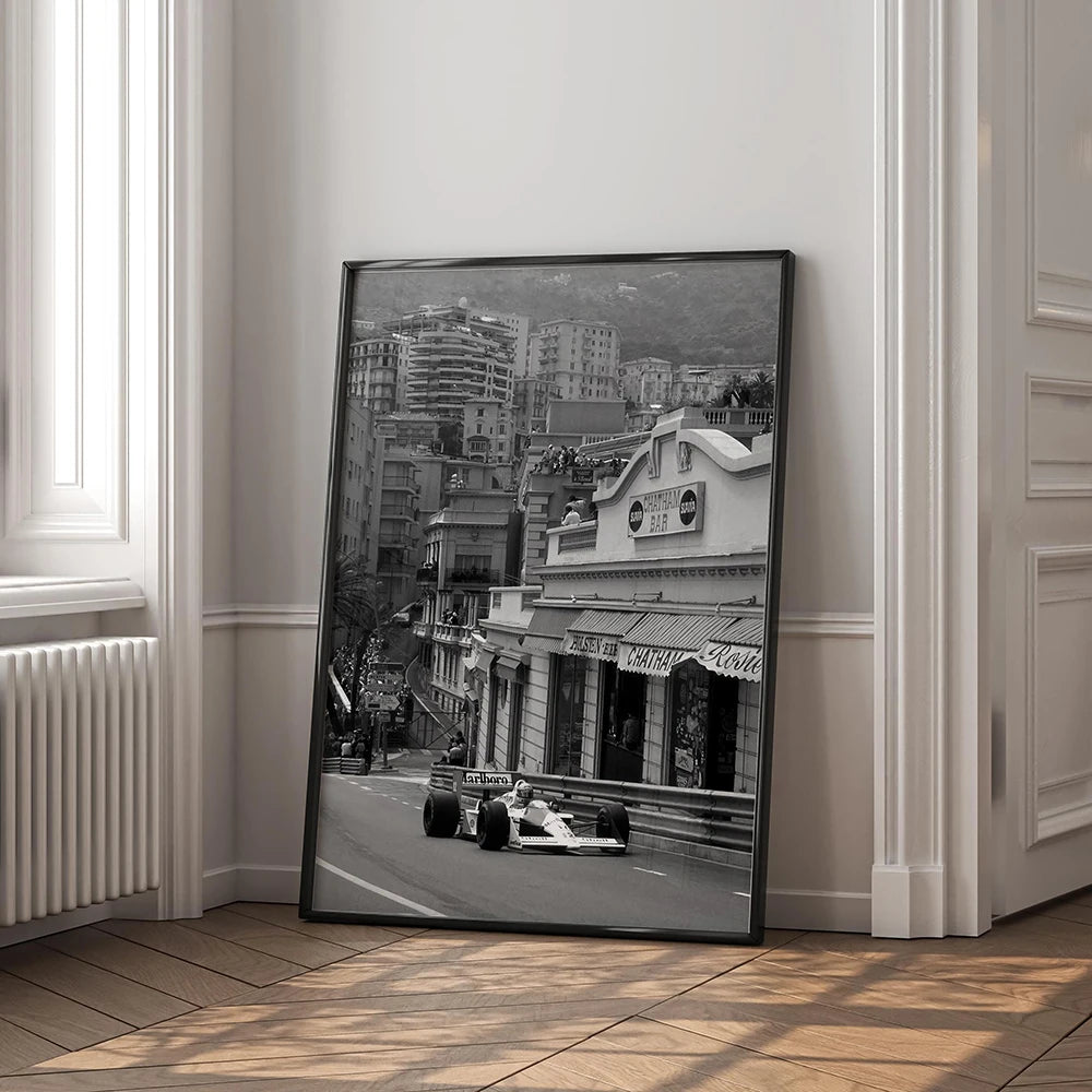 A framed vintage formula grand prix racing poster canvas print depicting a city skyline view.
