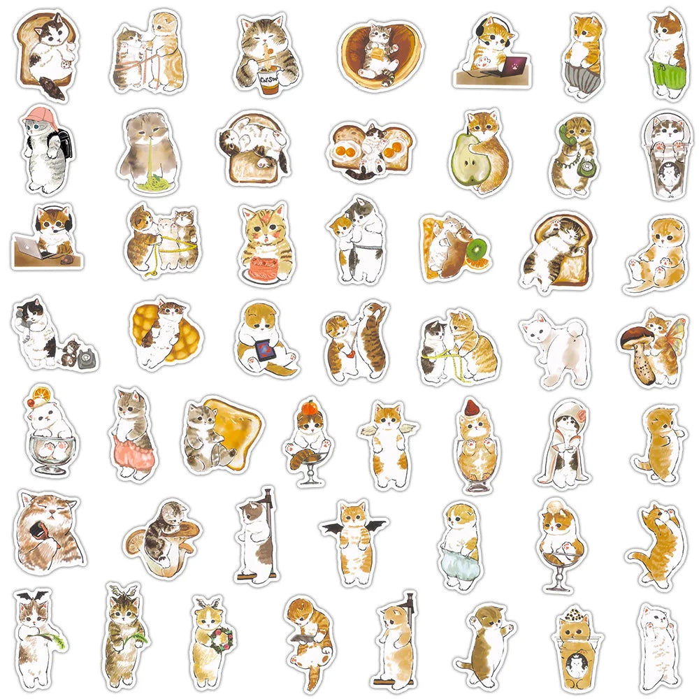 A collection of adorable cartoon cat stickers featuring various poses and expressions for laptops, water bottles, and journal