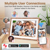 Digitaler Bilderrahmen, der eine Familie zeigt, mit einem Smartphone, das eine Verbindungsschnittstelle darstellt.