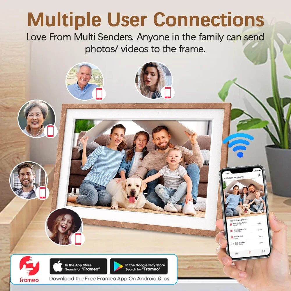 Digitaler Bilderrahmen, der eine Familie zeigt, mit einem Smartphone, das eine Verbindungsschnittstelle darstellt.