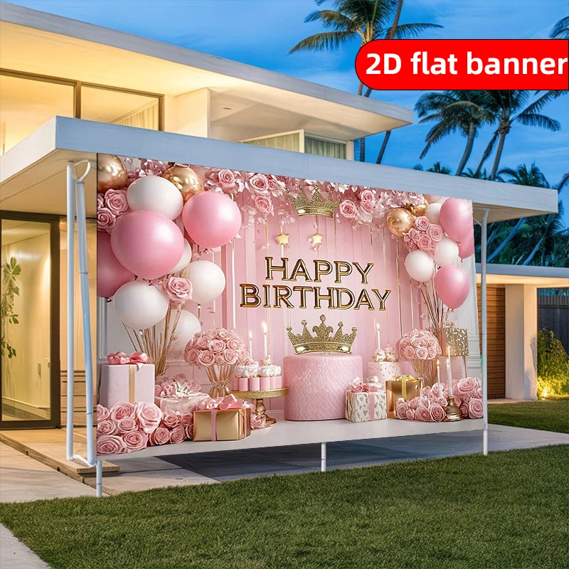 A 2D flat banner showing an elegant pink and gold happy birthday backdrop decorated with balloons, roses, and a crown.