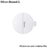 Silver-Round-L dessert cake board, white color, showing the product size and packaging details.