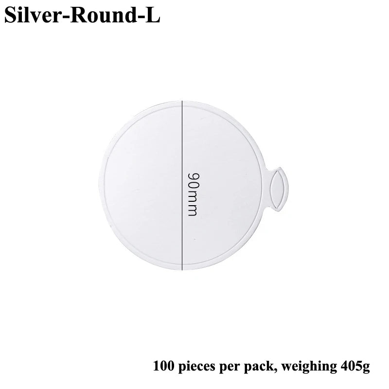 Silver-Round-L dessert cake board, white color, showing the product size and packaging details.