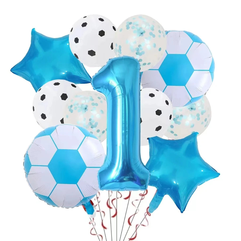A collection of blue and white football-shaped helium foil balloons for birthday party decorations.