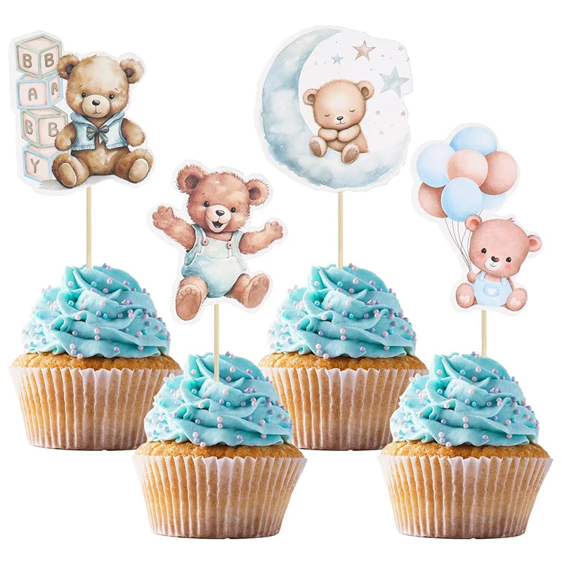 A set of cartoon bear cupcake toppers for baby shower and birthday parties featuring various bear illustrations.