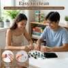 A man and a woman are shown using an acrylic dice set for math games, demonstrating how to clean the product.