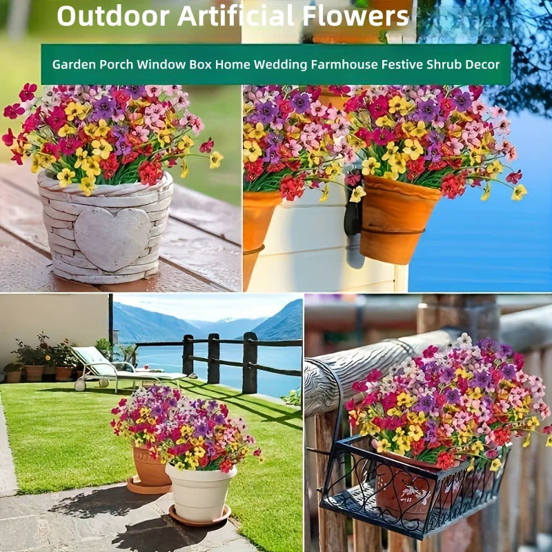 A collection of colorful outdoor artificial flowers in various pots and planters for garden decor