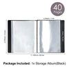 A black storage album with 40 pages is shown, measuring 6.375 inches by 11.125 inches.