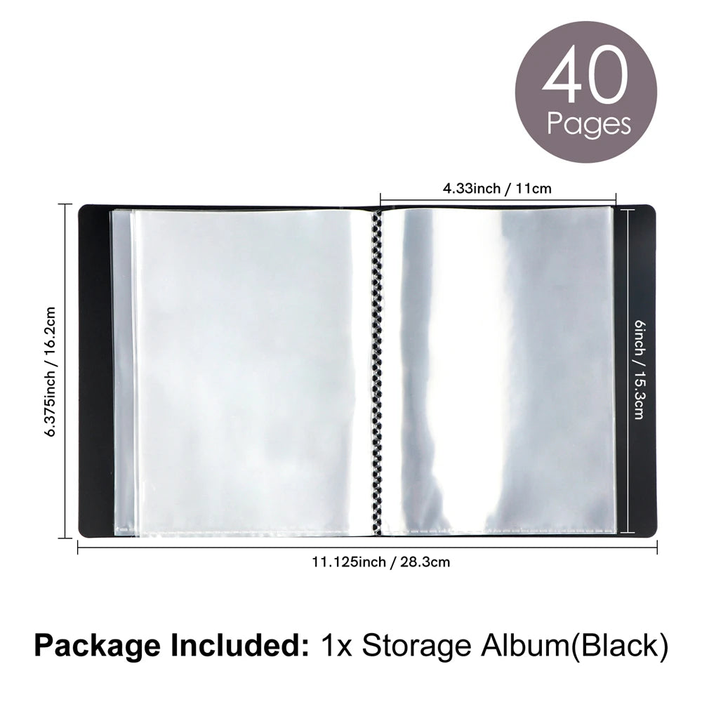 A black storage album with 40 pages is shown, measuring 6.375 inches by 11.125 inches.