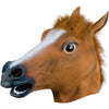 A realistic brown and white horse mask with large eyes and open mouth for Halloween costumes