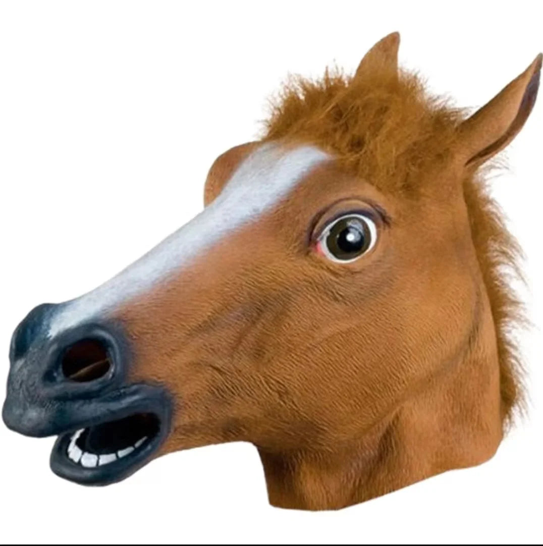 A realistic brown and white horse mask with large eyes and open mouth for Halloween costumes