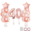 A collection of rose gold foil balloons including star shapes, number 40, and various round balloons for birthday decor.