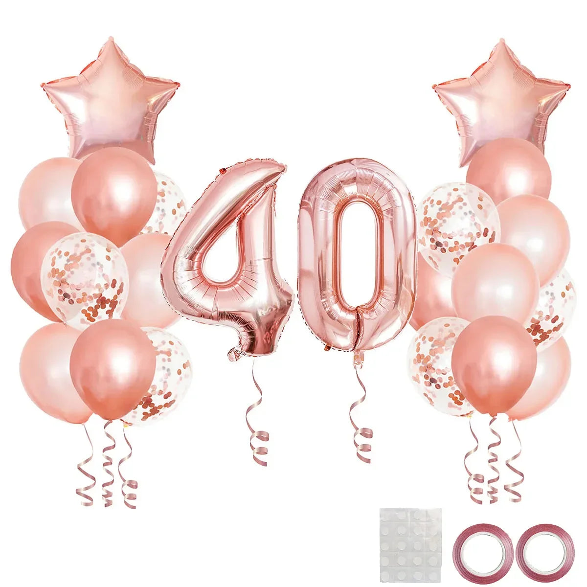 A collection of rose gold foil balloons including star shapes, number 40, and various round balloons for birthday decor.