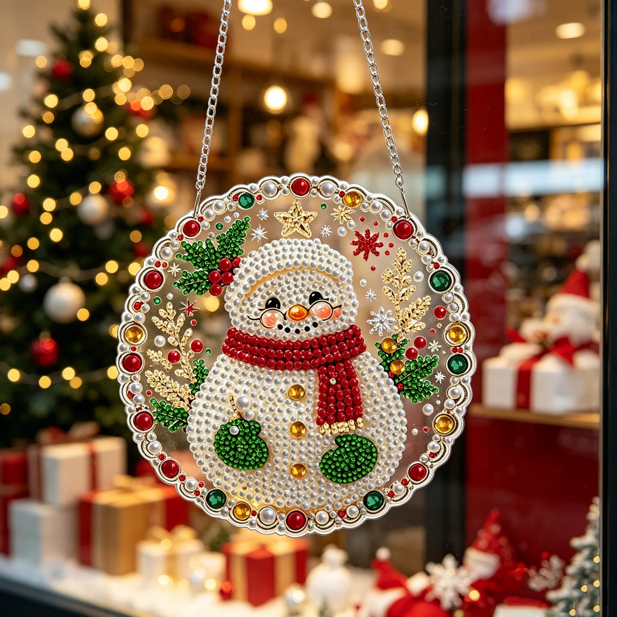 A round pearl diamond painting ornament featuring a white snowman with red scarf and green accents, displayed in a retail set