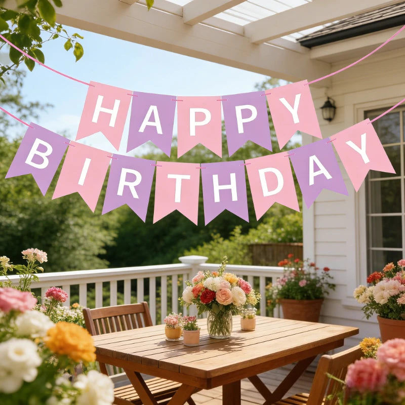 A pink and purple birthday garland banner is strung across a porch, decorated with flowers and greenery.