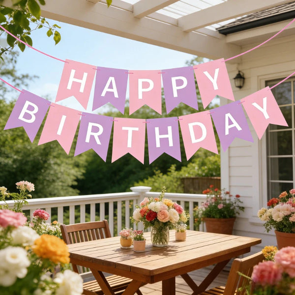A pink and purple birthday garland banner is strung across a porch, decorated with flowers and greenery.
