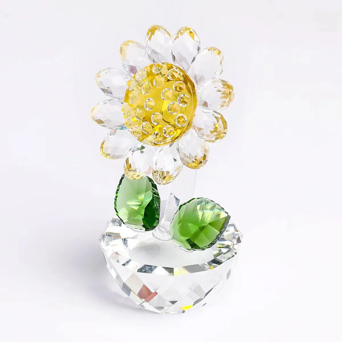 Handcrafted glass crystal sunflower figurine with a golden center and green buds