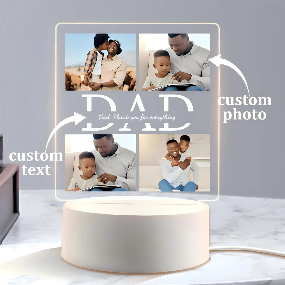 A personalized photo acrylic night light displaying four family portraits with custom text options.