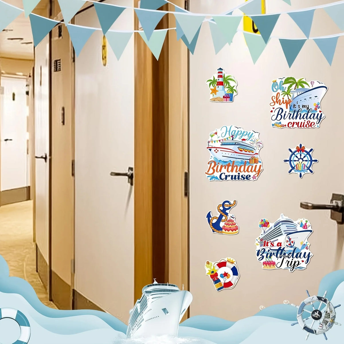 A set of seven birthday cruise door magnets featuring boats and tropical themes, displayed against a light wall.