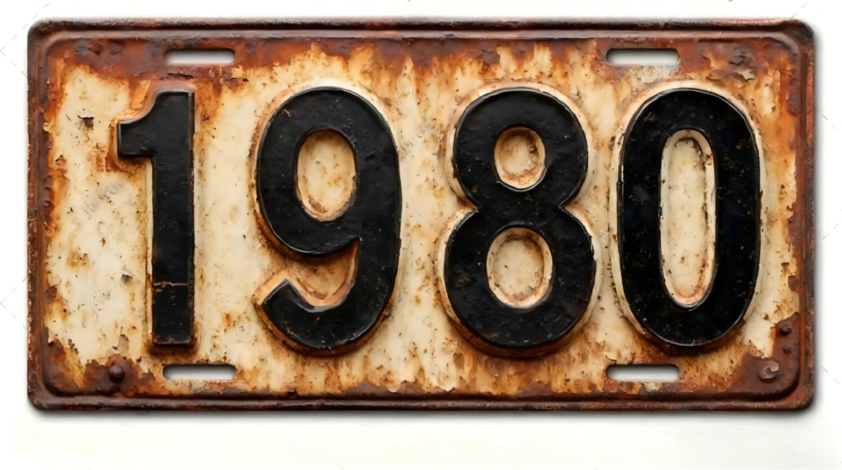 A vintage, rusted aluminum license plate with the year 1980 embossed on it.