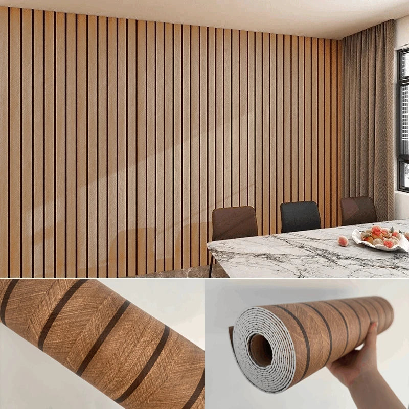 Roll of self-adhesive wood grain wallpaper showing vertical wood slats and a close-up texture.