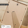 A wooden photo frame with hooks for vertical and horizontal display, shown alongside a standing support frame diagram.